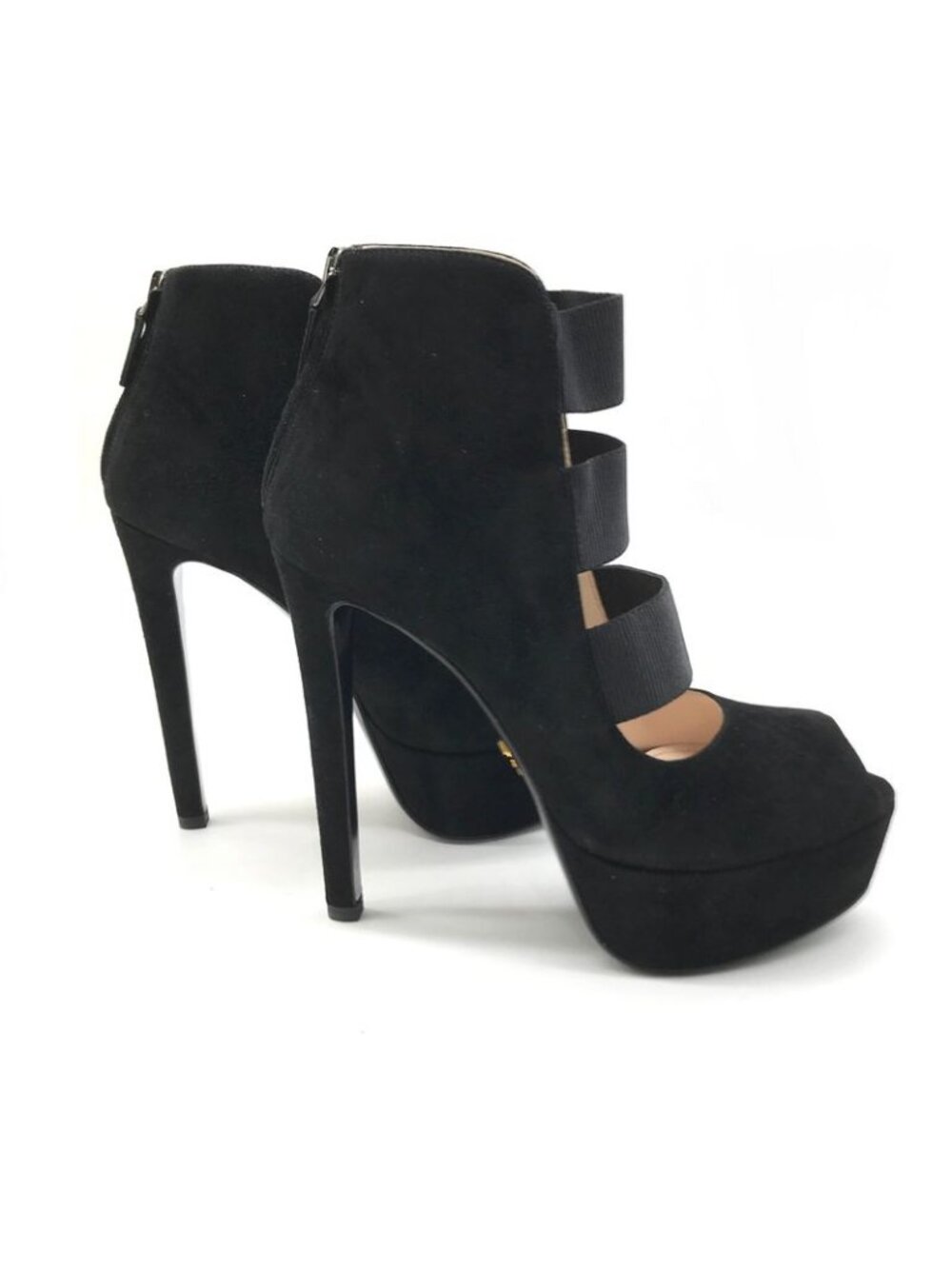Prada Suede Metal Logo High Heel Short Boots Shoes Black - Picture 4 of 8